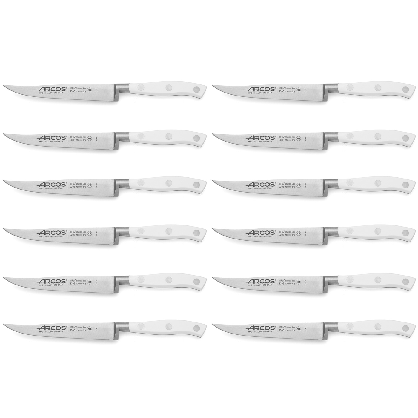 ARCOS Riviera Blanc - 12 x Cuchillos Chuleteros (130 mm) - Acero Inoxidable Forjado Nitrum® - Mango Blanco de POM - PACK 12