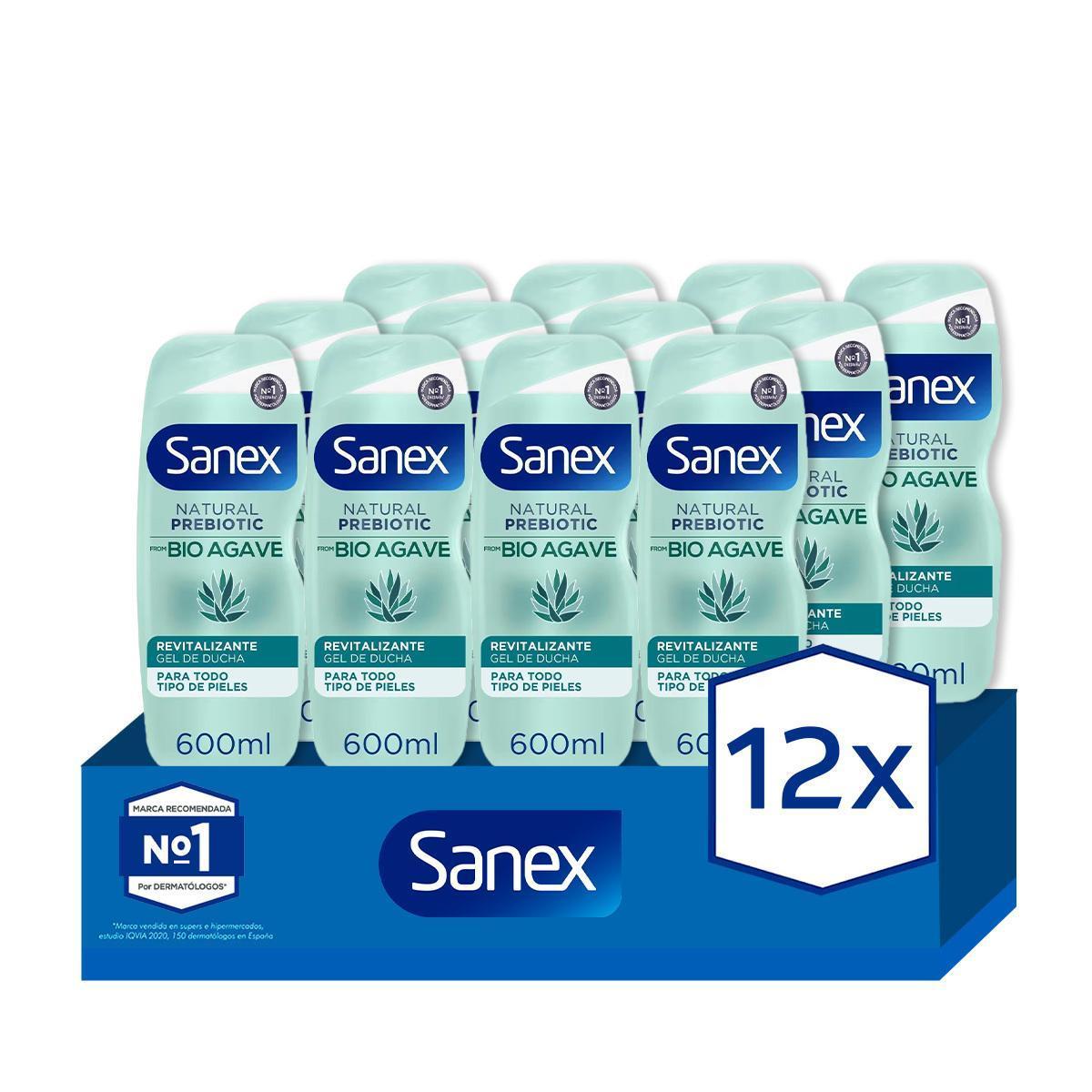 Sanex - Gel de ducha o baño SANEX Natural Prebiotic de Bio Agave revitalizante 600ml. Pack 12