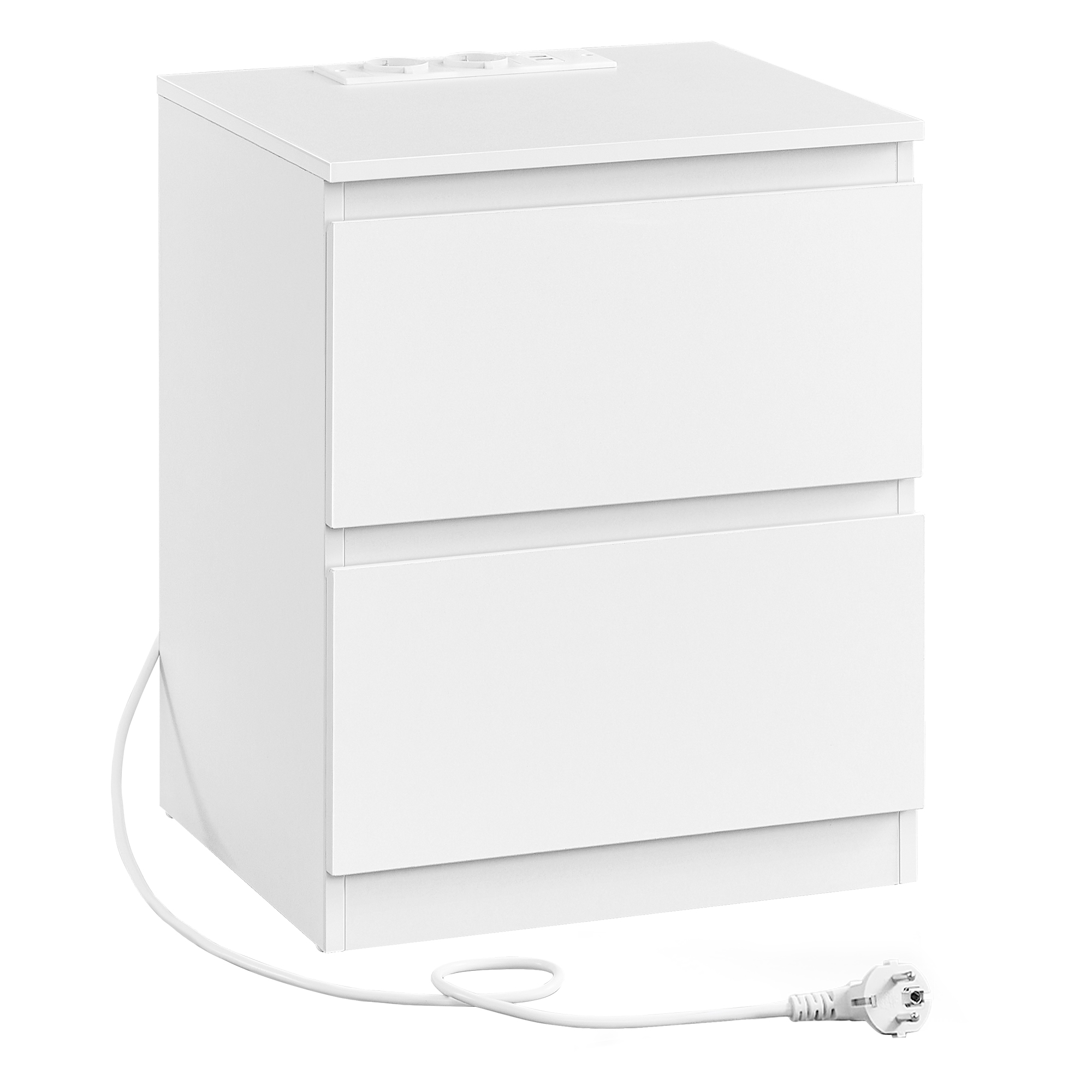 VASAGLE Kailyn Colección - Mesita de Noche con Regleta de Enchufes, Mesa Auxiliar, 2 Cajones, 2 Tomas AC, 2 Puertos USB-A, Salón, Dormitorio, Blanco Nube