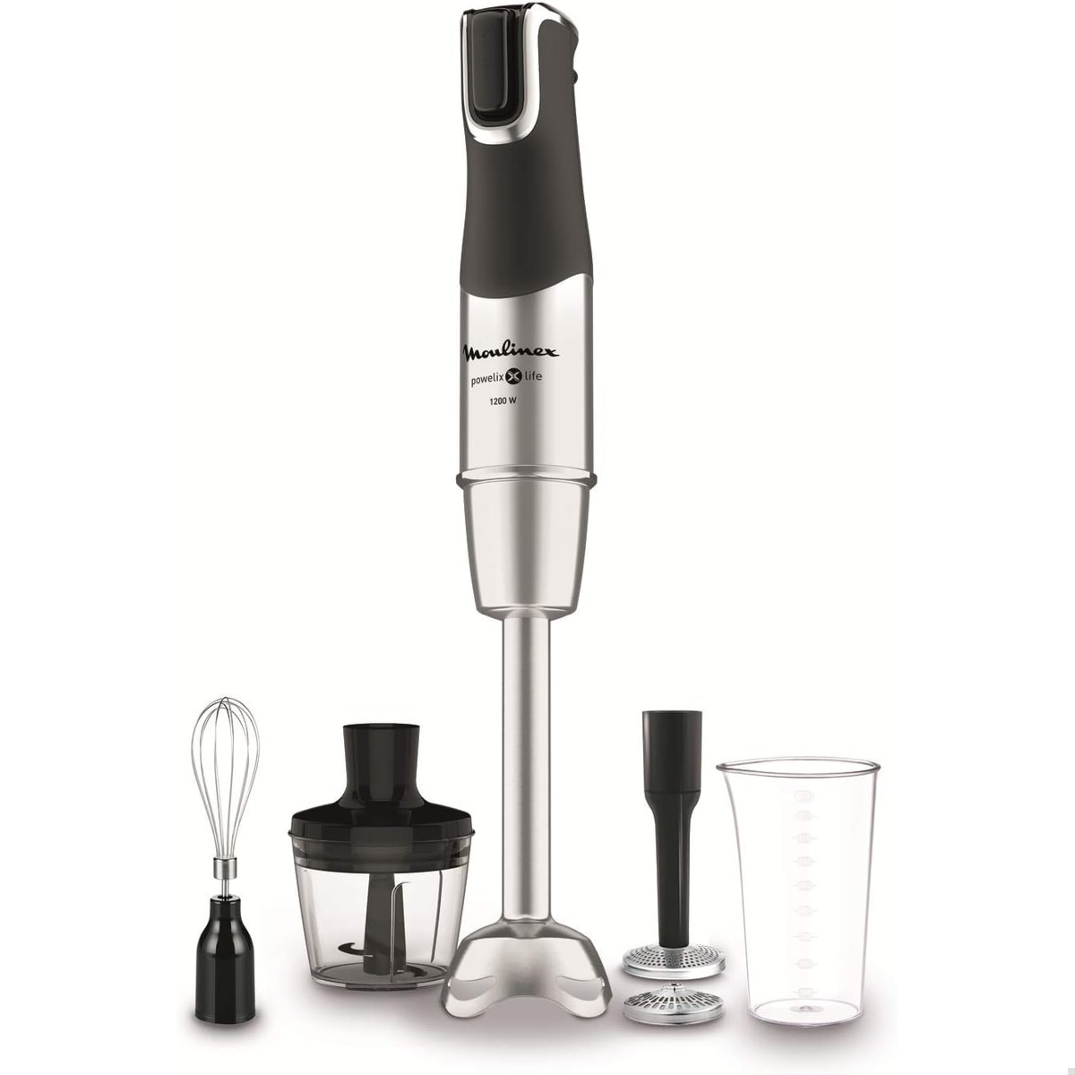 Batidora de mano Moulinex Powerlix Life DD95HD, 1200W, 4 en 1: Vaso medidor 800ml, Picadora 500ml, Varilla, Pasapuré con 2 cabezales, Selector velocidad ergonómico, Piezas aptas lavavajillas, Antisalpicaduras