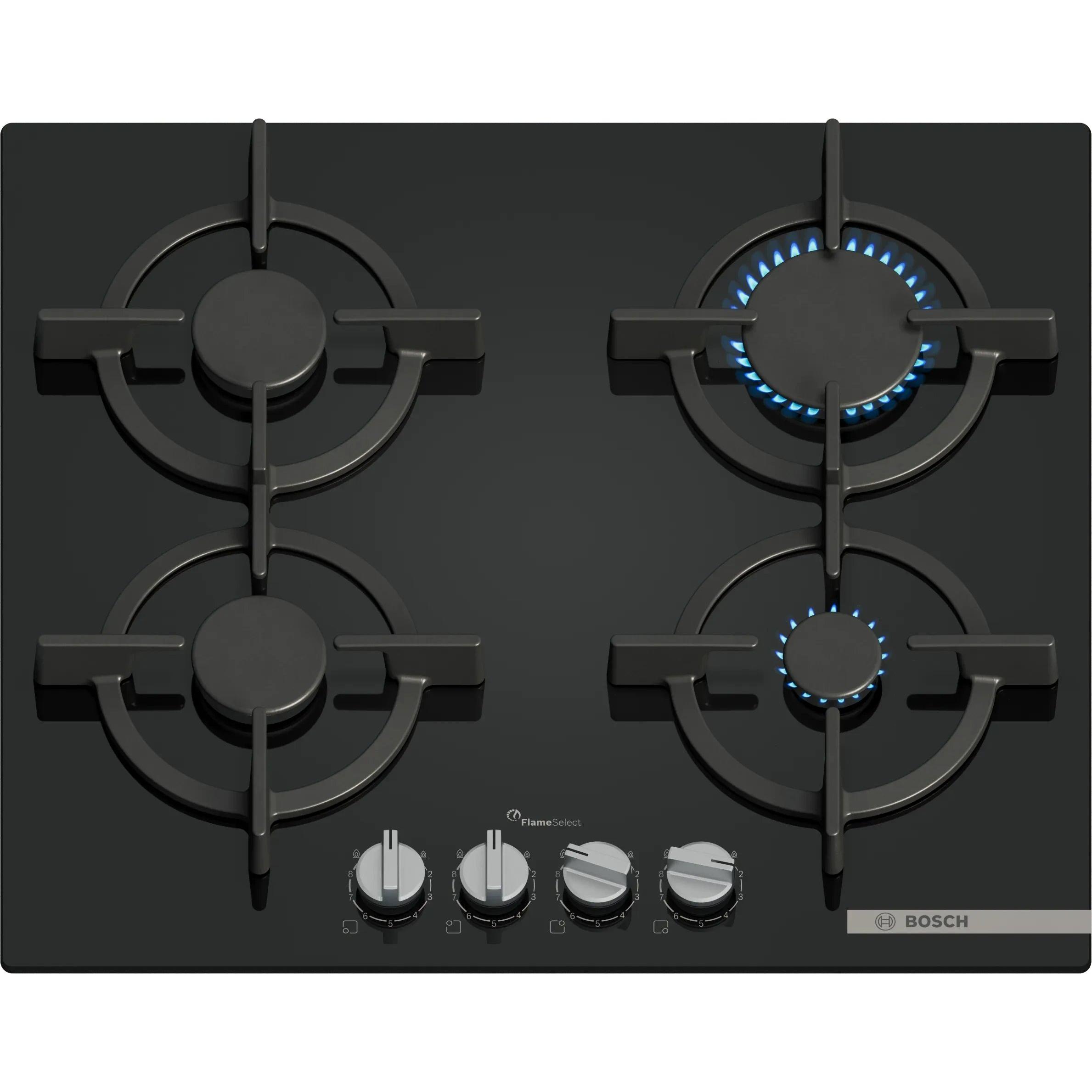 Placa a Gas 59cm BOSCH PPP6A6I10  | 4 Zonas, Gas natural H/E/(L) 20 (25) mbida, Negro, Superficie Cristal, Fuego 26cm, Serie 6, 7500W