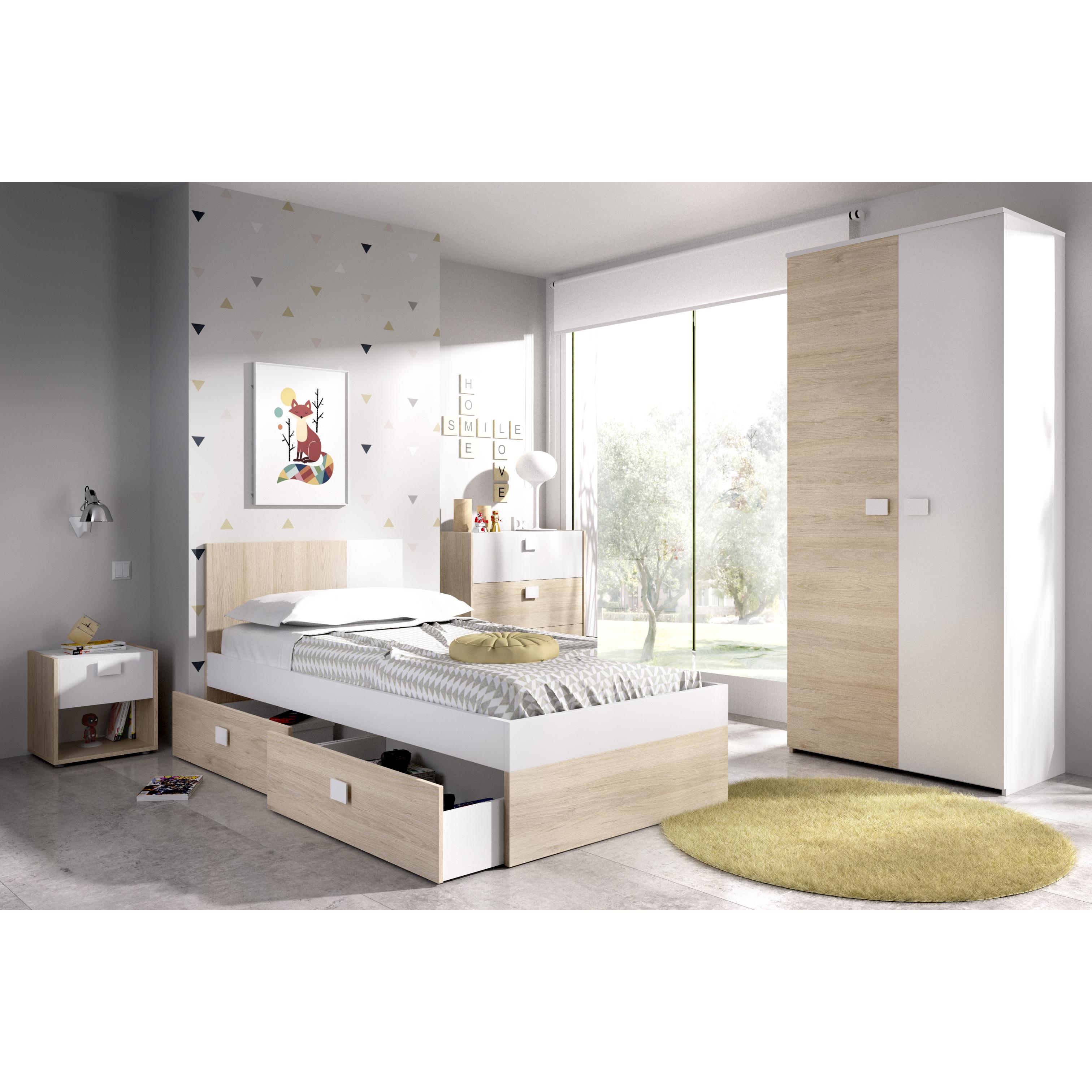 DEKIT GRUPO RIMOBEL DINA PACK - CONJUNTO DE CAMA 190X90 CON 2 CAJONES, MESITA DE NOCHE, COMODA DE 3 CAJONES Y ARMARIO - NATURAL / BLANCO