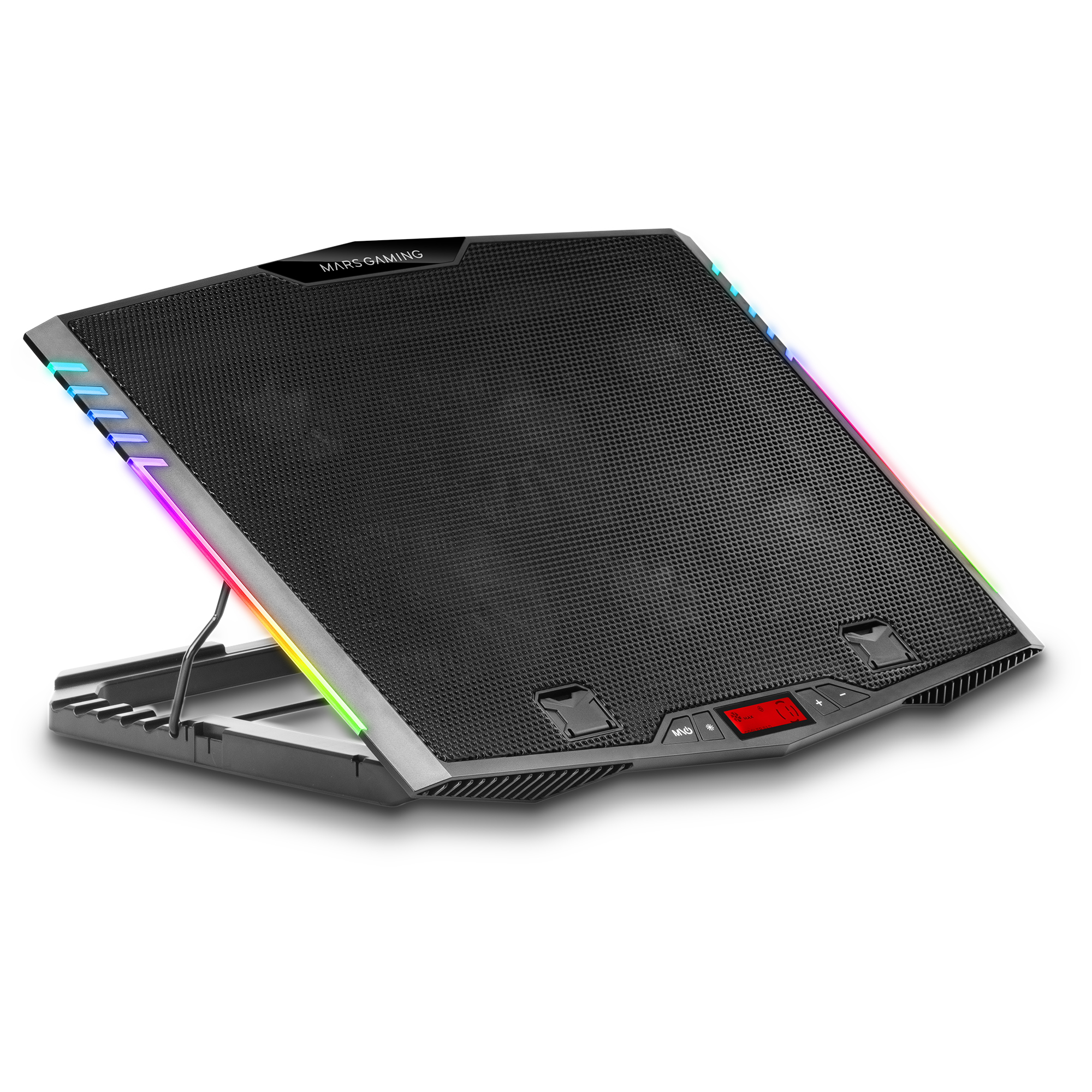 Mars Gaming MNBC5, Base Refrigeradora + Stand XL 19", Iluminación ARGB 7 modos, 6 Ventiladores Controlados Digitalmente, Smartphone Holder, Negro