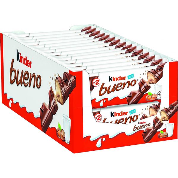 Kinder Bueno Original 30 unidades - Compuesto por 2 barritas de crujiente barquillo envueltas individualmente, recubiertas de chocolate con leche y con un relleno cremoso de leche y avellanas