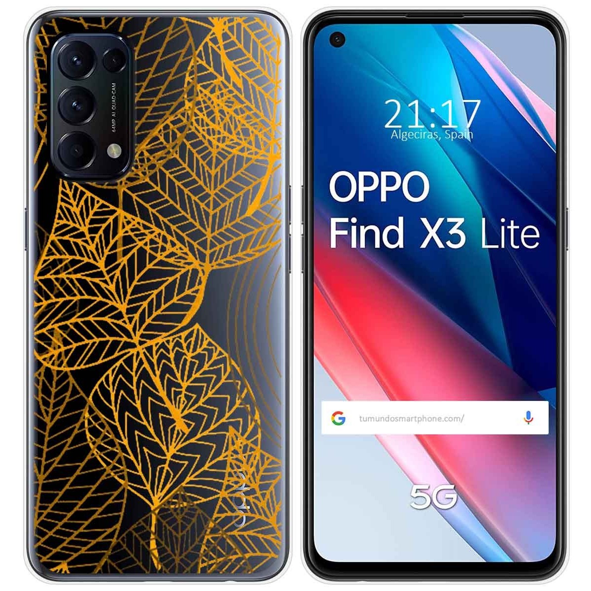 Tumundosmartphone Funda Gel Transparente para Oppo Find X3 Lite 5G diseño Hojas Dibujos