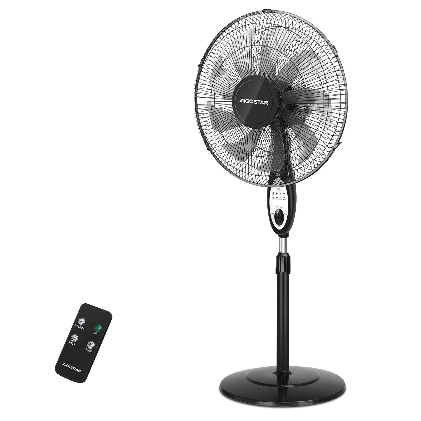 AIGOSTAR Ventilador de Pie con Mando a Distancia, 9 Aspas, 3 Velocidades & 3 Modos, Temporizador 7.5 Horas, Oscilante 80°