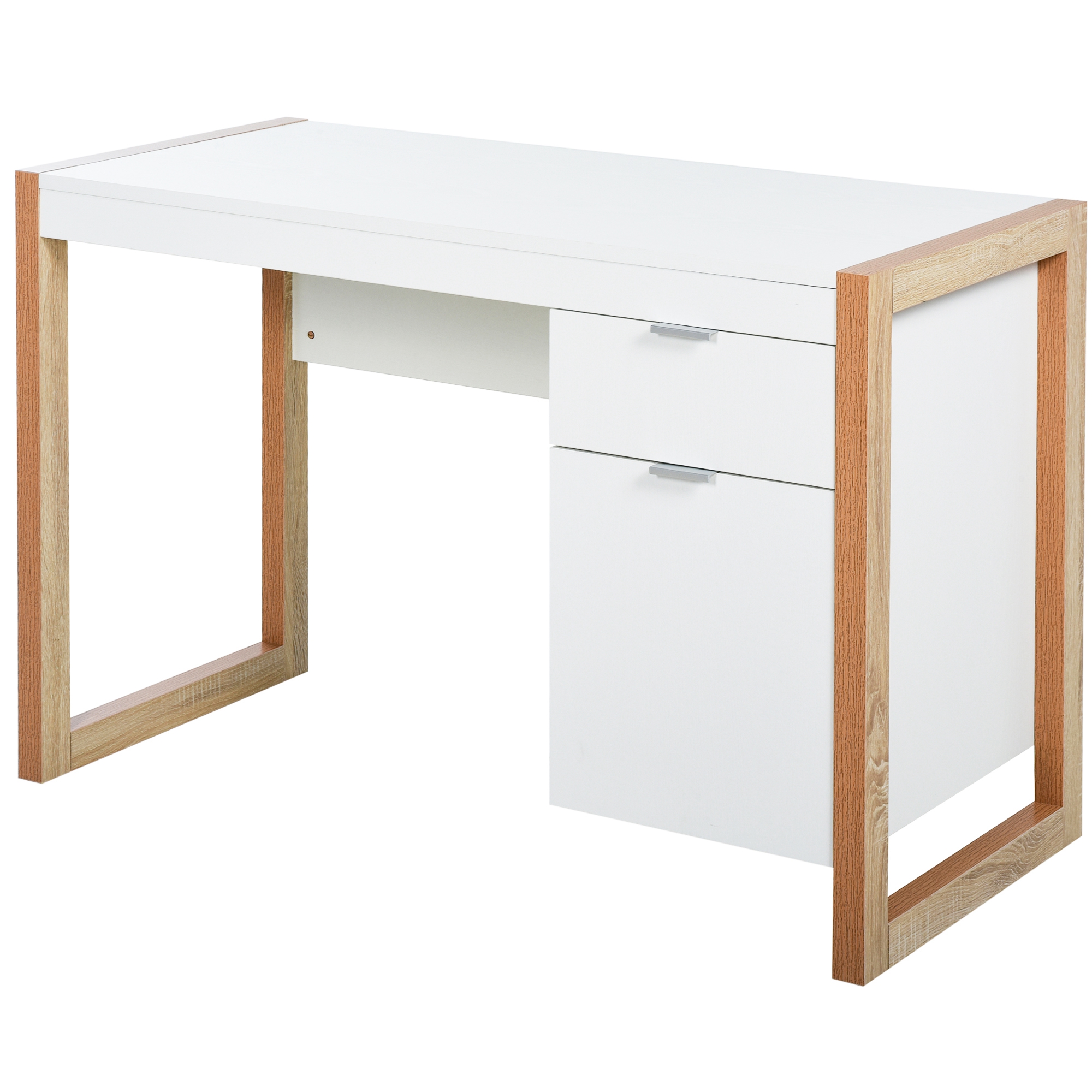 HOMCOM Mesa de Escritorio Mesa de Ordenador Espaciosa con Cajón Armario Patas de Forma Rectangular Estilo Moderno Decoración Adicional 112,5x50x75,5 cm Blanco