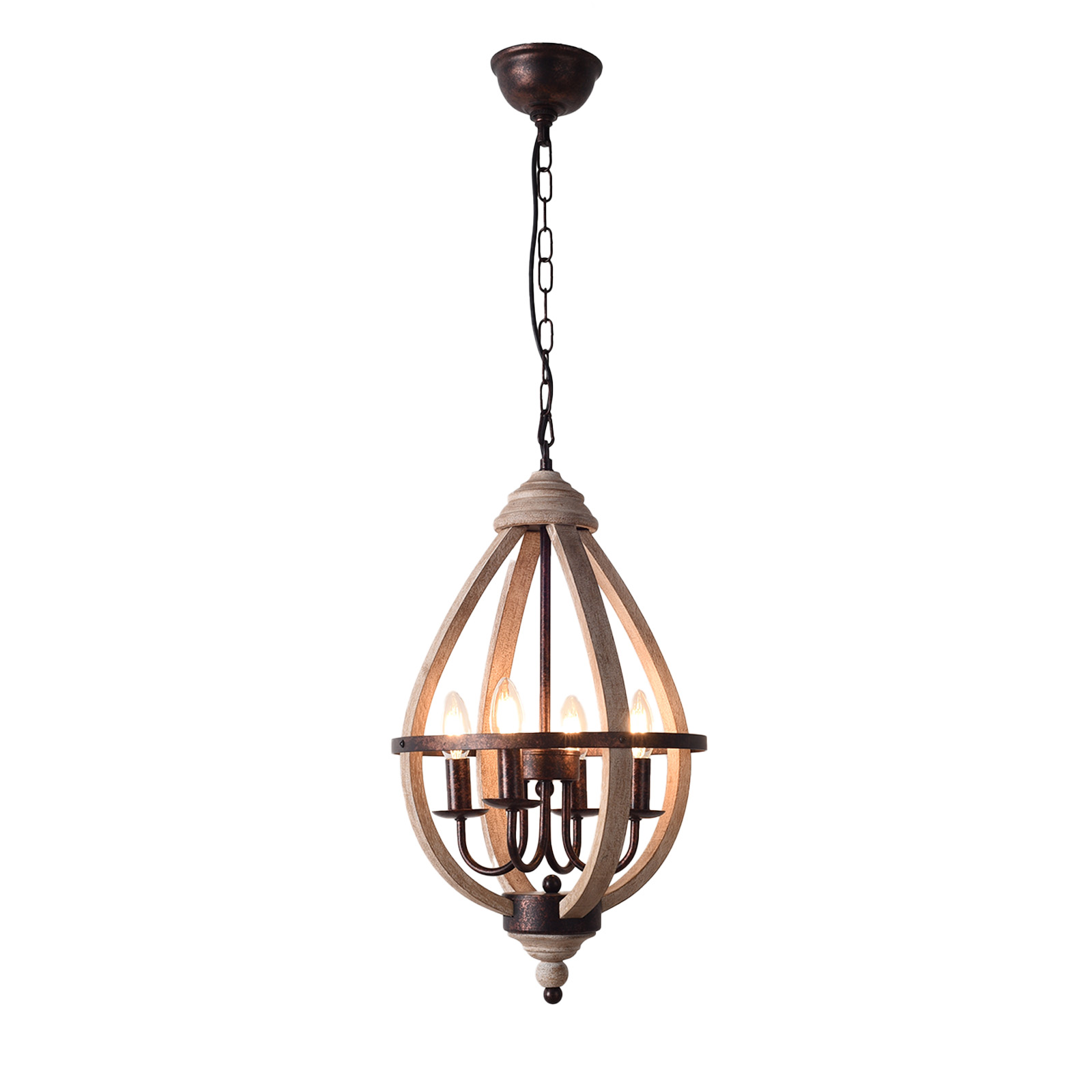 Lámpara de Araña Rústica "Willow" – Diseño de Madera Orbe con 4 Luces, Estilo Granja, Metal Óxido Cepillado, Color Marrón