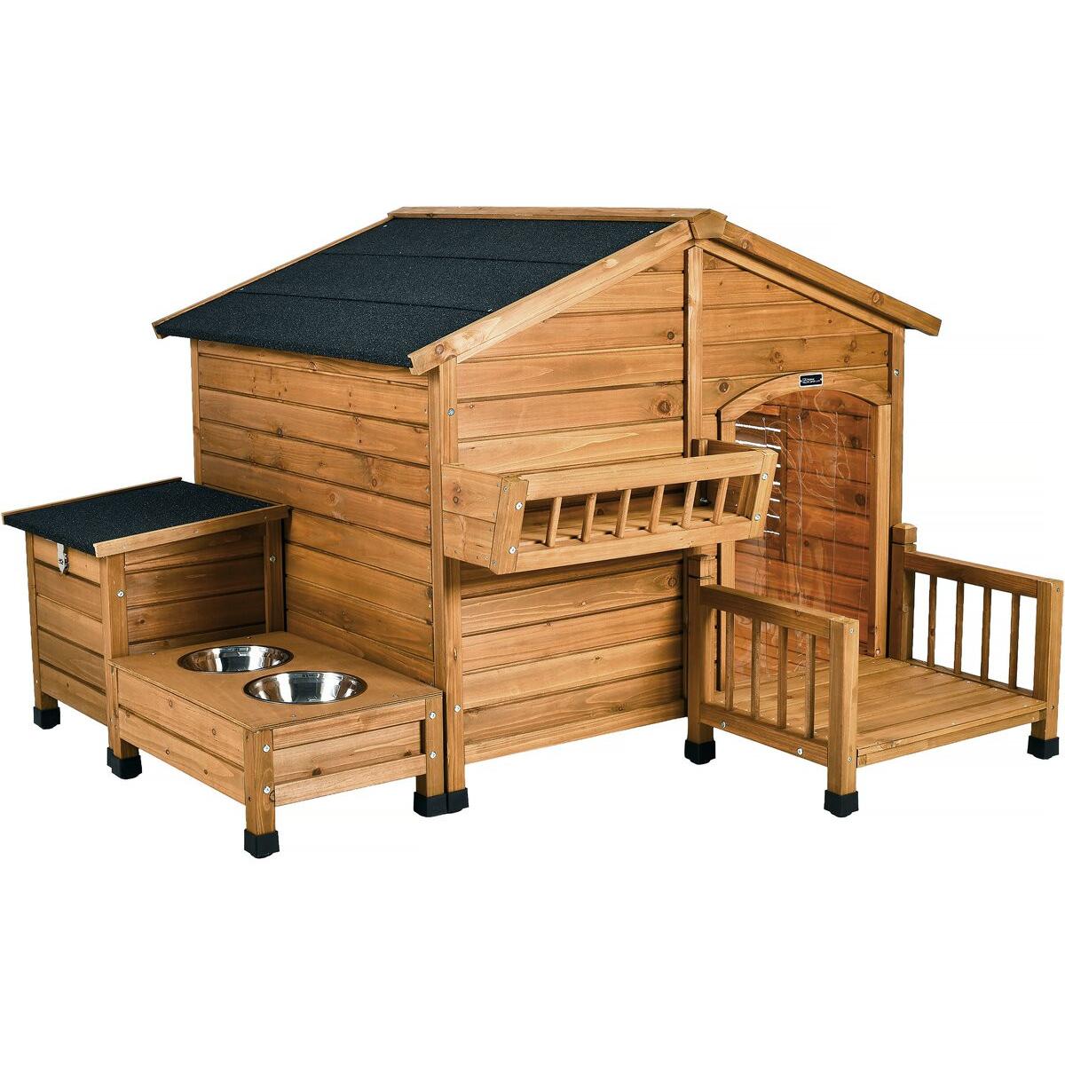 Habitat y Jardin - Caseta de perro de madera "oxidada" con pesebre y caja de almacenaje - 151 x 138 x 100 cm - Marrón