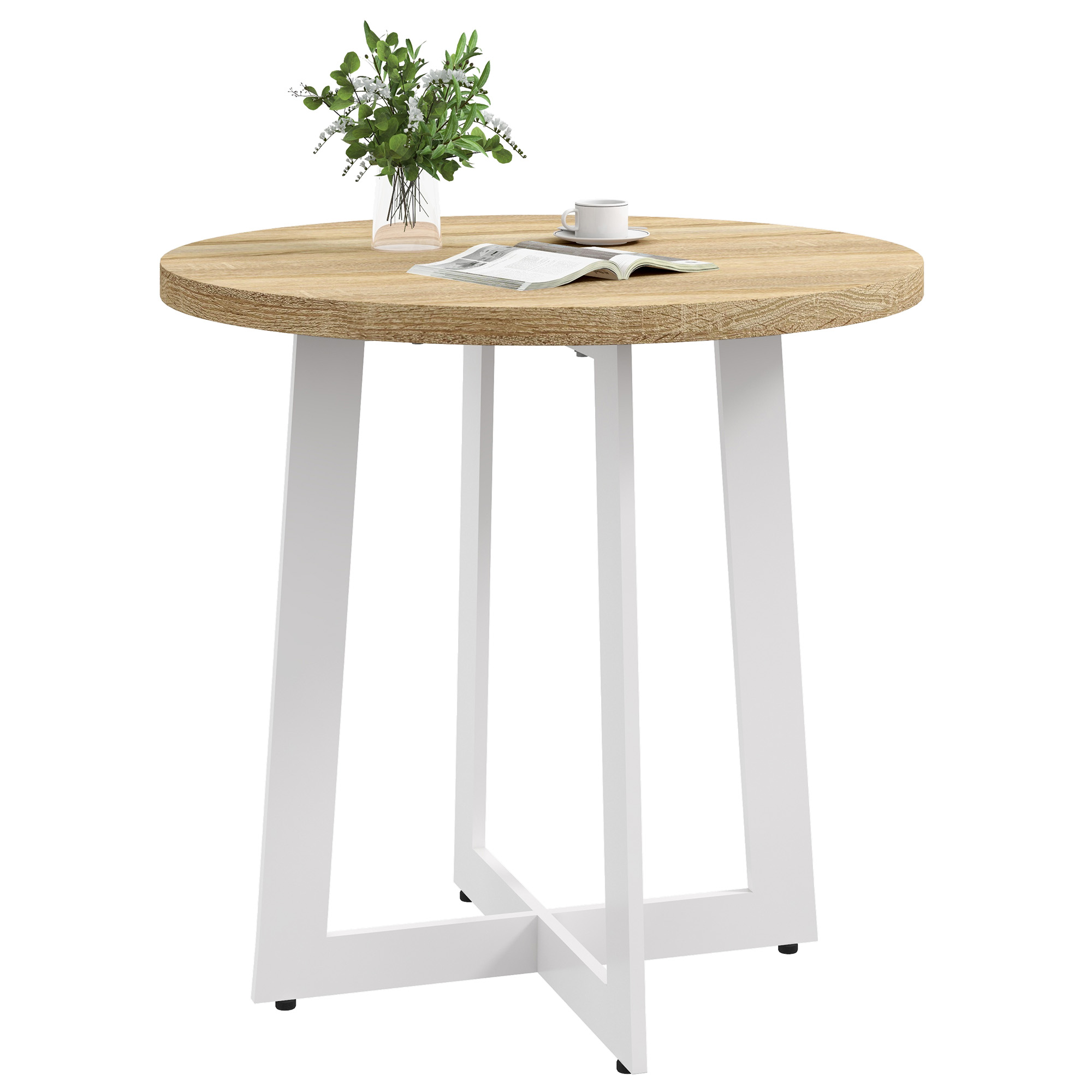 HOMCOM Mesa de Comedor Redonda para 4 Personas Mesa de Cocina Moderna con Tablero de Madera y Base de Acero Cruzada para Salón Ø80x75 cm Roble