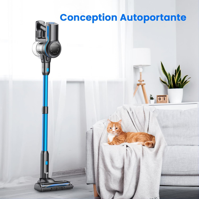 Aspirateur balai sans fil bleu avec écran LED et brosse de sol éclairée