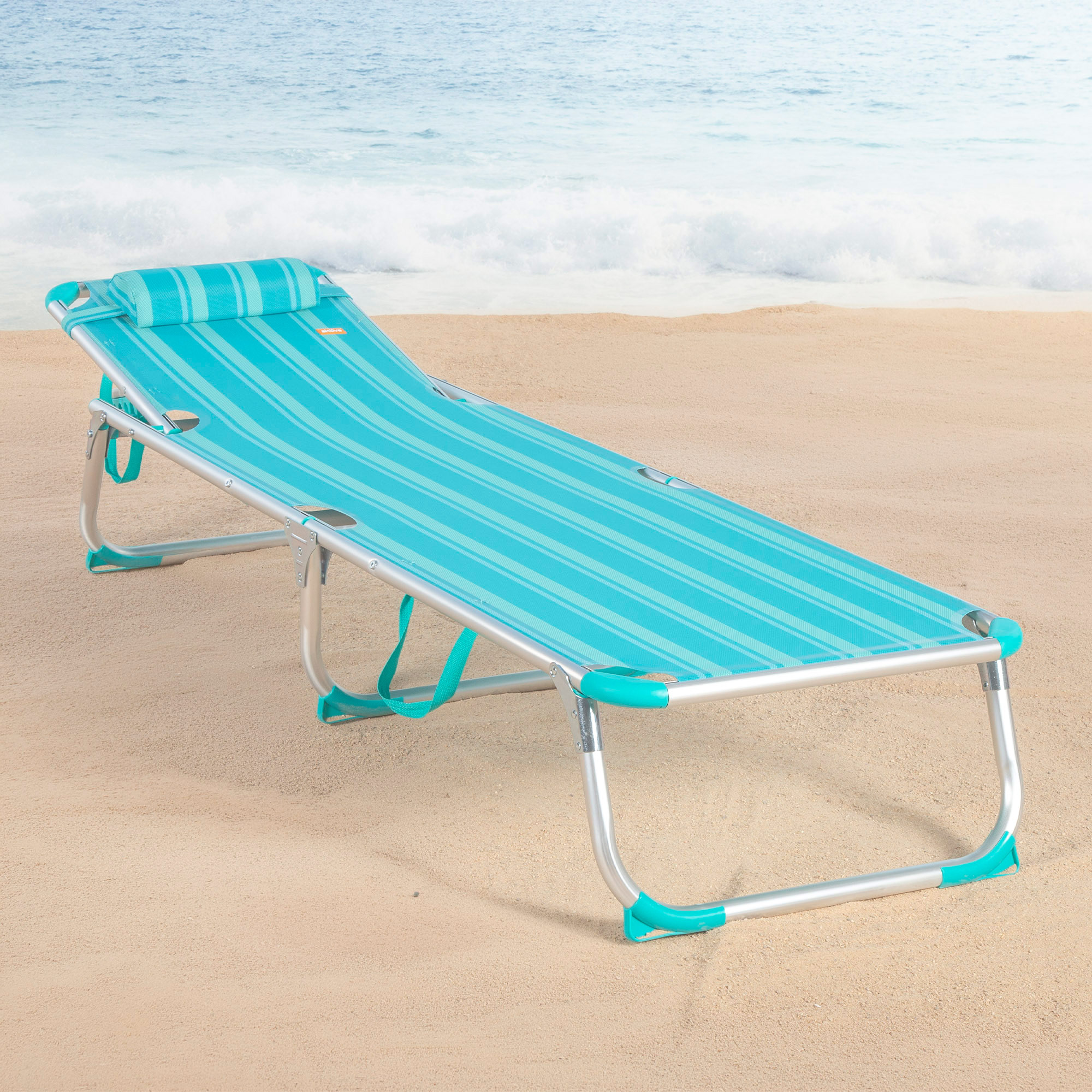 Aktive - Tumbona plegable playa, respaldo reclinable 5 posiciones, 186x49x30 cm, aluminio y textileno, topes antivuelco, incluye cojín acolchado, soporta peso máx. 110 kg, hamacas de playa plegables