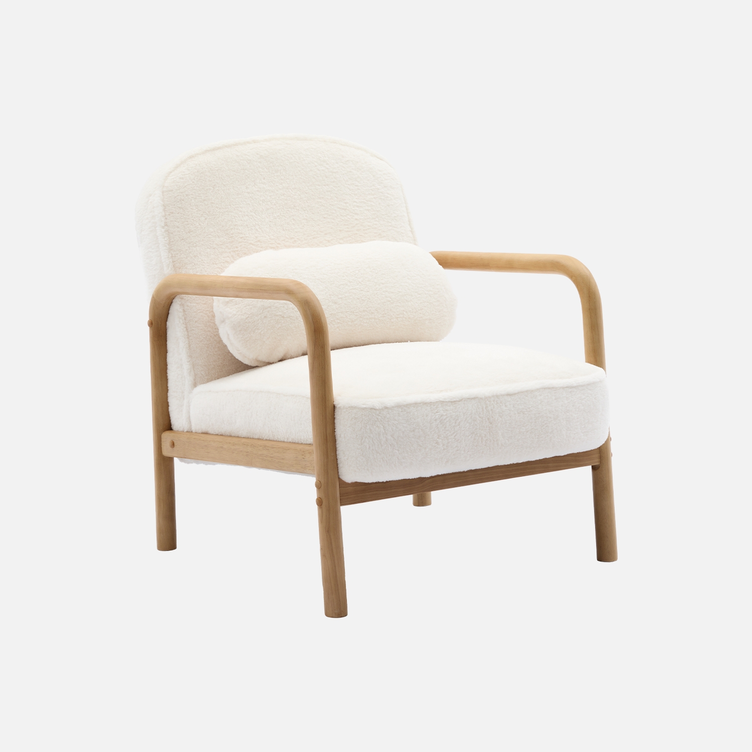 sweeek - Sillón redondo escandinavo de madera de hevea, tela efecto pelo sintético, Amelie pelo sintético, Crema, 66x82x77 cm