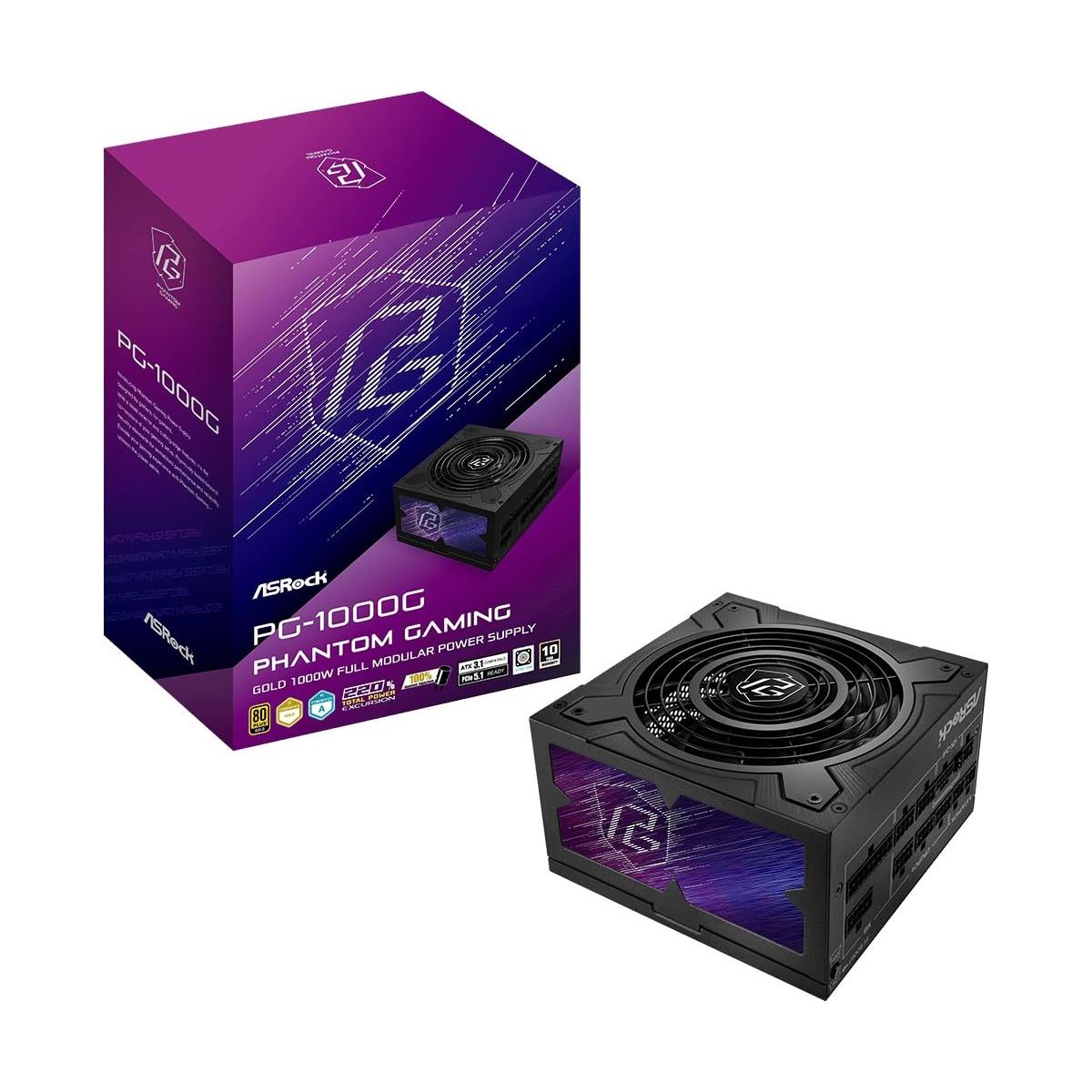 Fuente ALIMENTACION ASROCK SL-1000G,PSU,1000W,80 Plus Gold,135MM,Modular,PCI-E 5.1 (12+4pin) x1,PCI-E (6+2 Pin) x3,SATA (5 Pin) x9