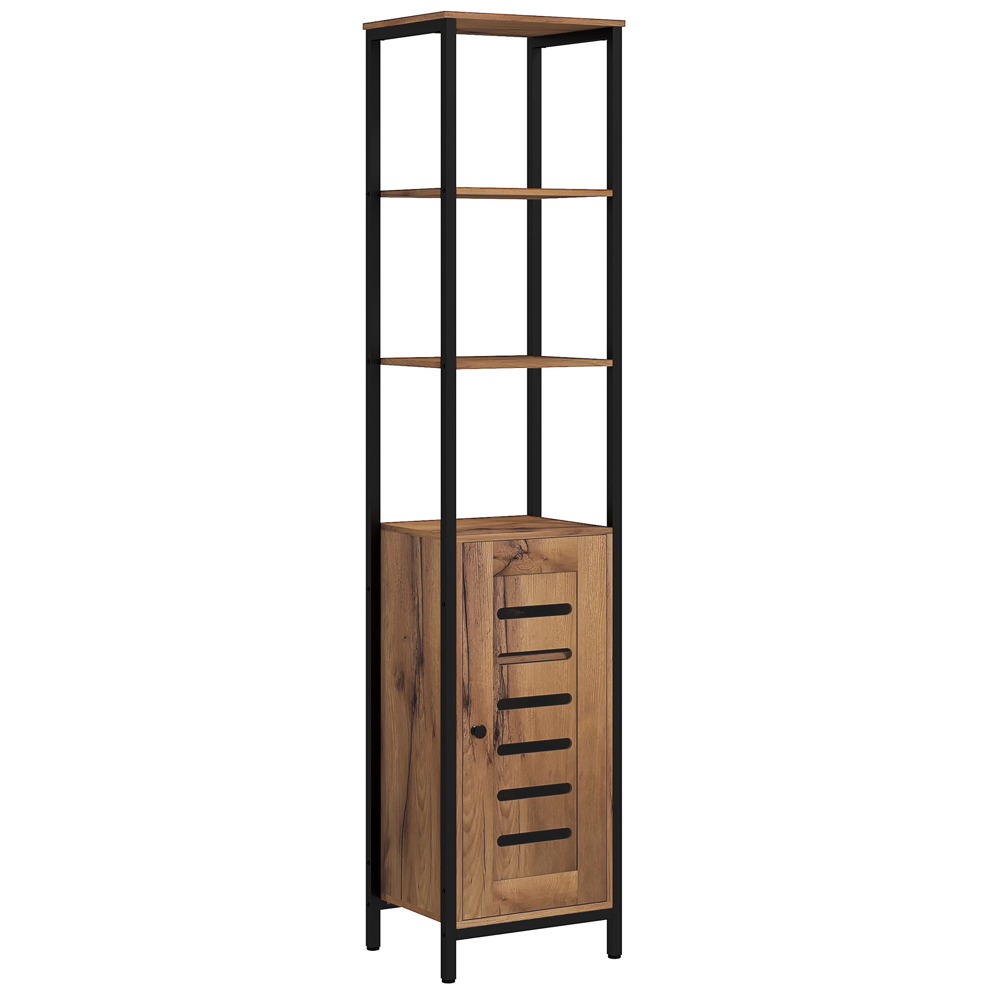 kleankin Armario de Baño Estrecho, Columna de Baño con Puerta de Lamas y 3 Compartimentos Abiertos, Estante Ajustable, para Salón, Dormitorio, Entrada, 60x30x85 cm, Marrón Rústico