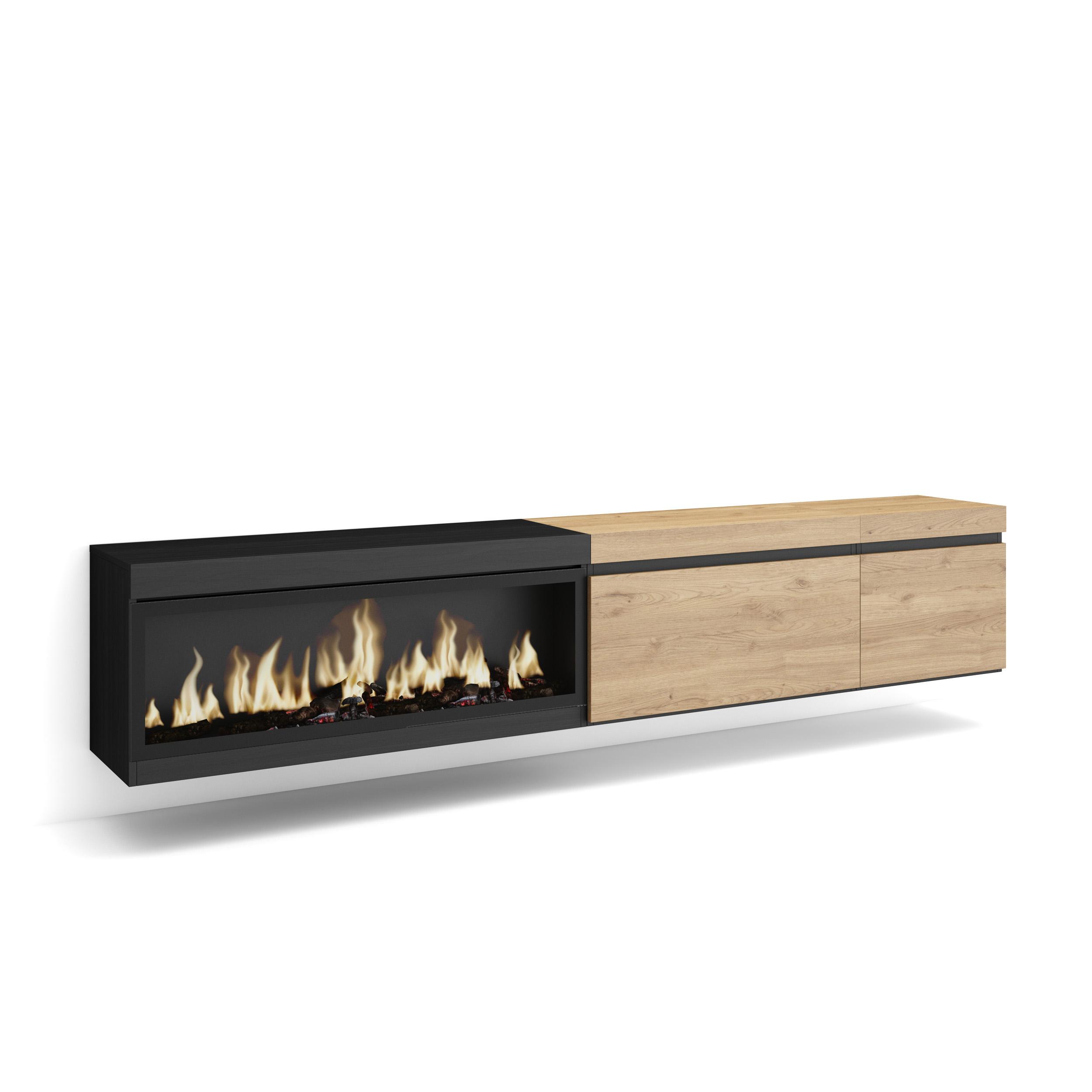 Skraut Home, Mueble TV, Televisión, Muebles de salón, almacenaje adicional, 237x35x45cm, Chimenea eléctrica XXL led efecto fuego 3d, Colgado