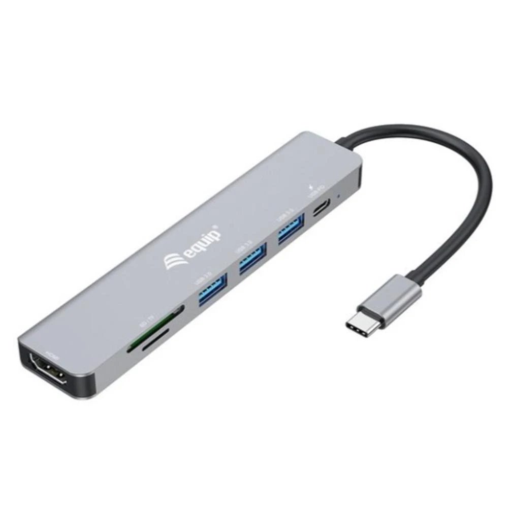 HUB Switch puertos USB-C macho (compatible con Thunderbolt 3/4); HDMI (hasta 4K/60Hz); 3 x USB 3.2 Gen1 (5 Gb/s); Micro SD x1; TF x1; Power Delivery 10... EQUIP 133494  | Plata