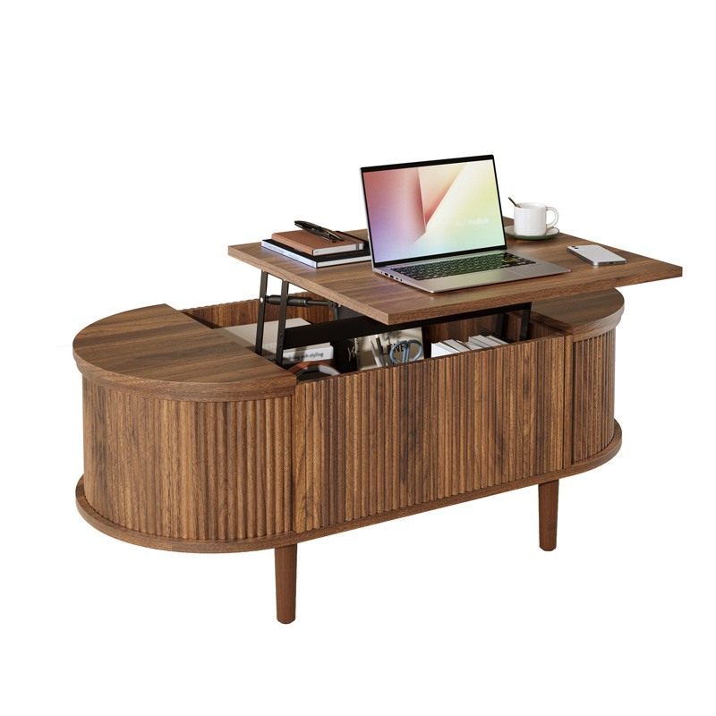 Table basse ovale relevable finition noyer avec rangements et pieds en bois massif