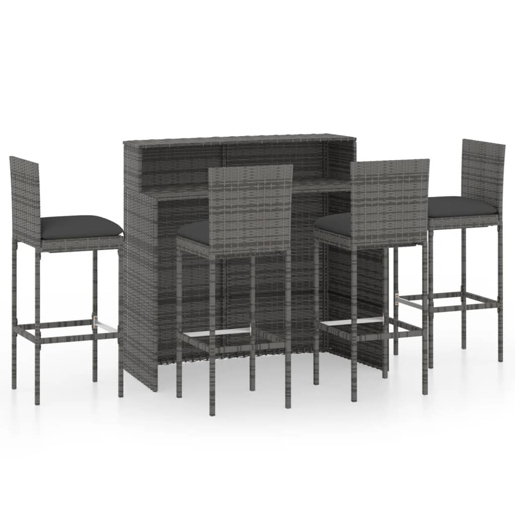 vidaXL Juego de muebles de bar de jardín de 5 piezas y cojines gris