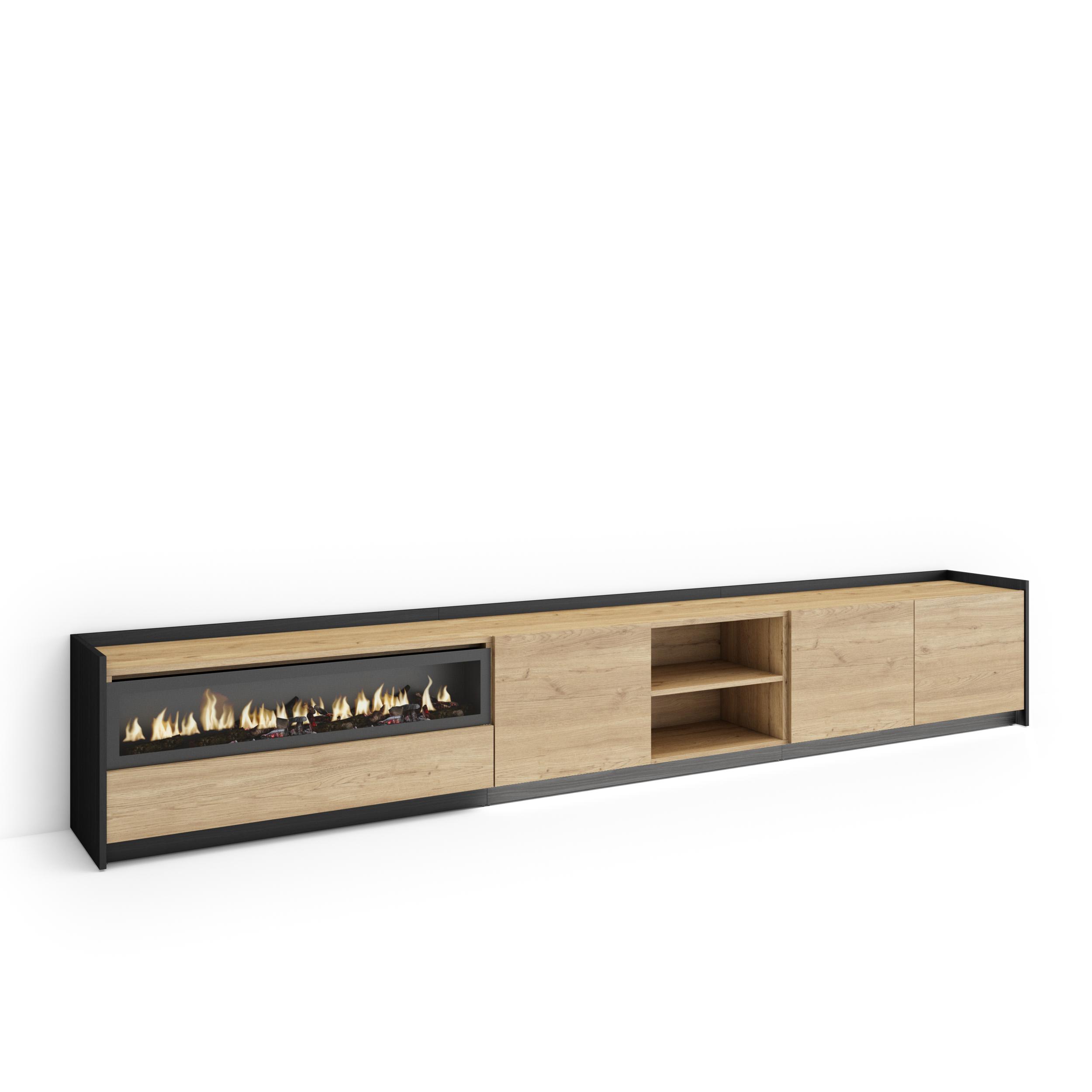 Mueble TV, Televisión, 310x37x50cm, Para TV hasta 80", Chimenea eléctrica, LED