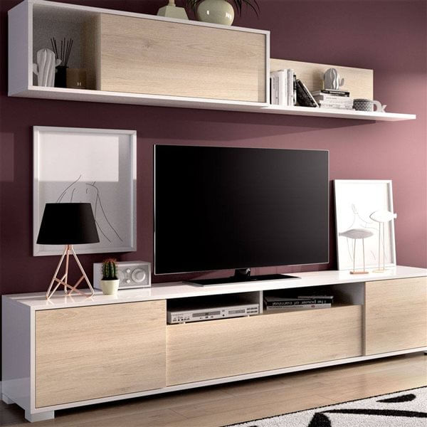 Composición de salón Ken con módulo alto y mueble de TV blanco/natural