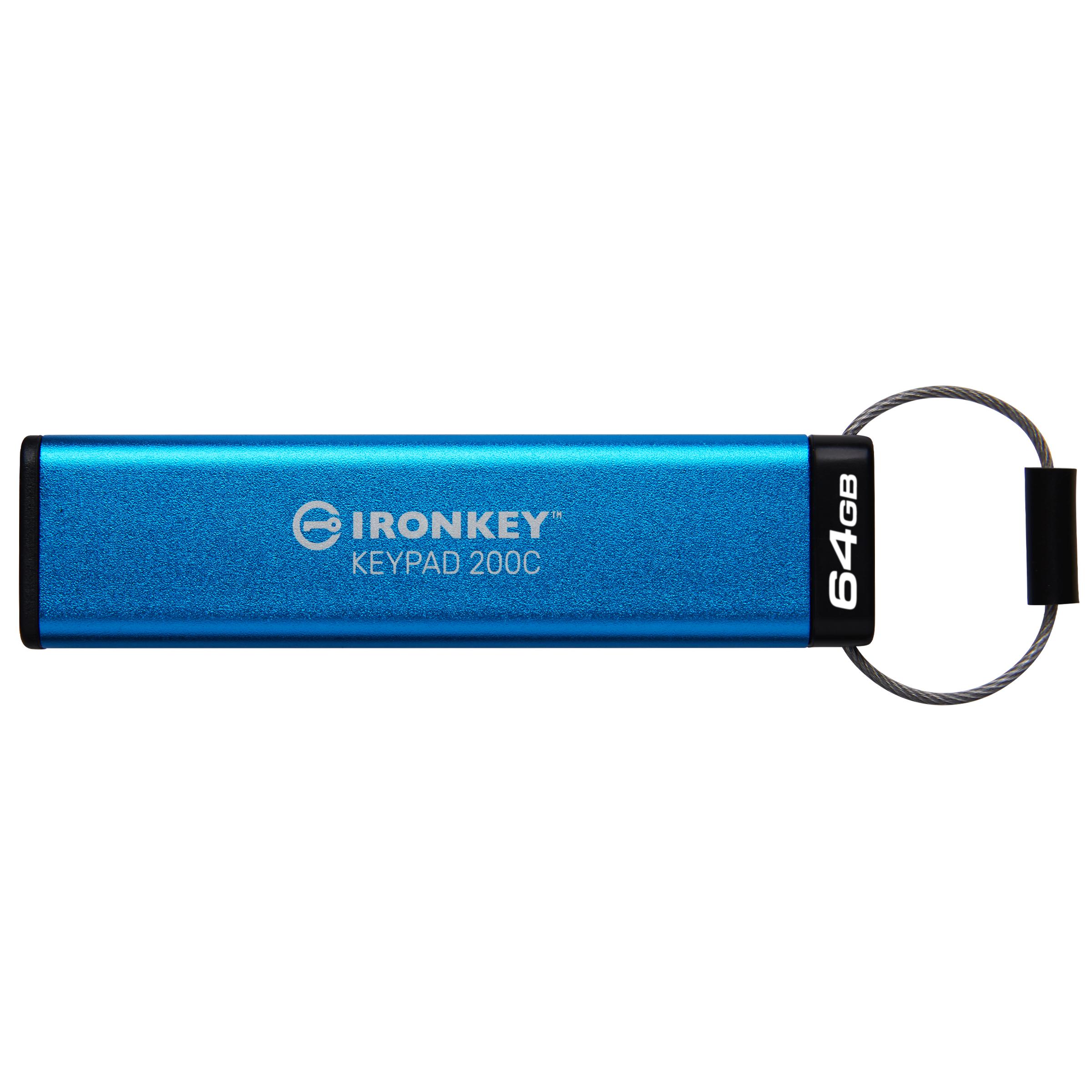 Kingston Ironkey Keypad 200C 64GB Unidad Flash USB Cifrada | Teclado Alfanumérico | Acceso Multi-Pin | XTS-AES 256-bit | FIPS 140-3 Nivel 3 Certificado (Pendiente) | IKKP200C/64GB, Azul