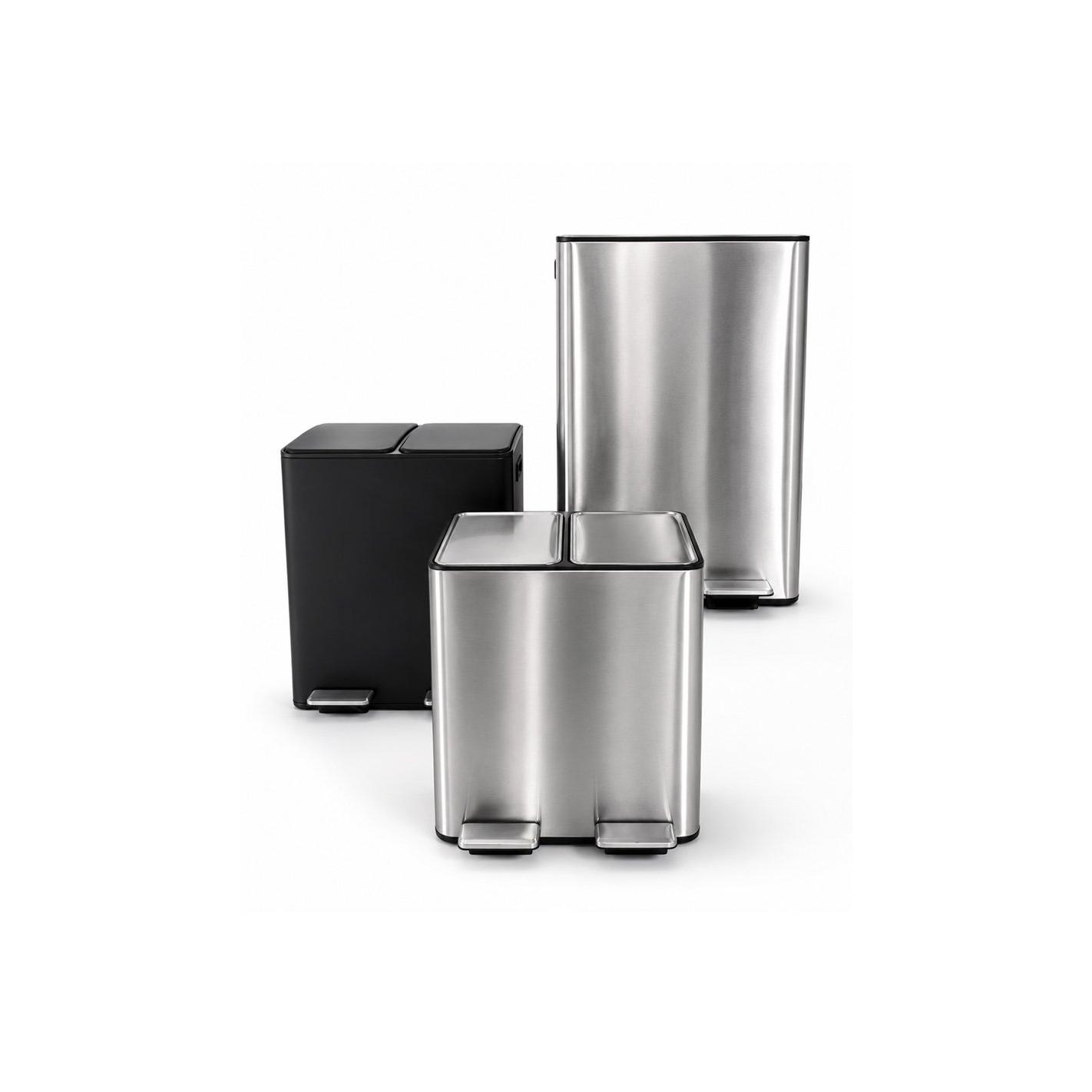 Cubo reciclaje doble pedal | Acero Inoxidable y Negro Mate | Cubo de Basura Doble Compartimento | Para Cocina y Exterior
