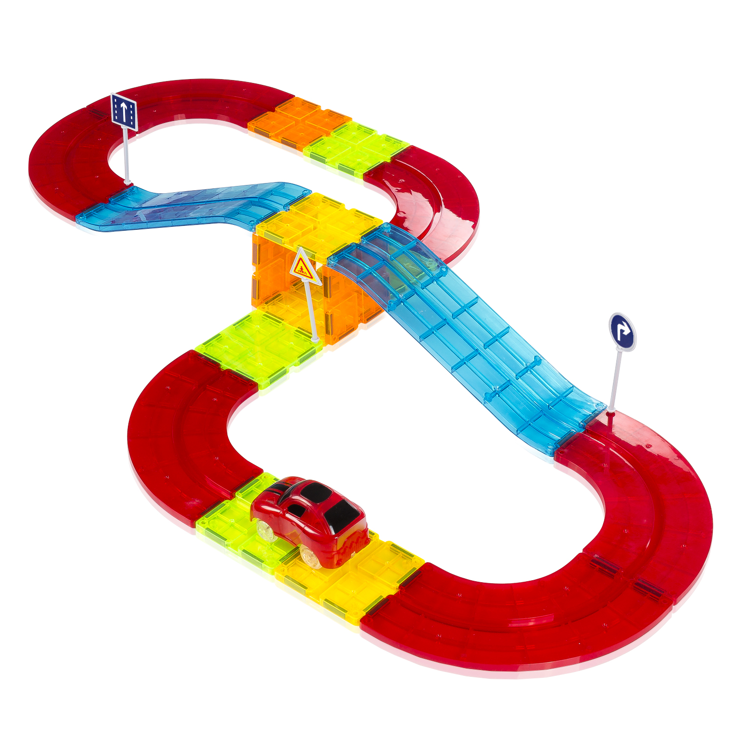 DAM. Pista para coches con piezas magnéticas. 27 piezas. Crea tus propios circuitos. Incluye puente y 1 coche. 39x6x24cm