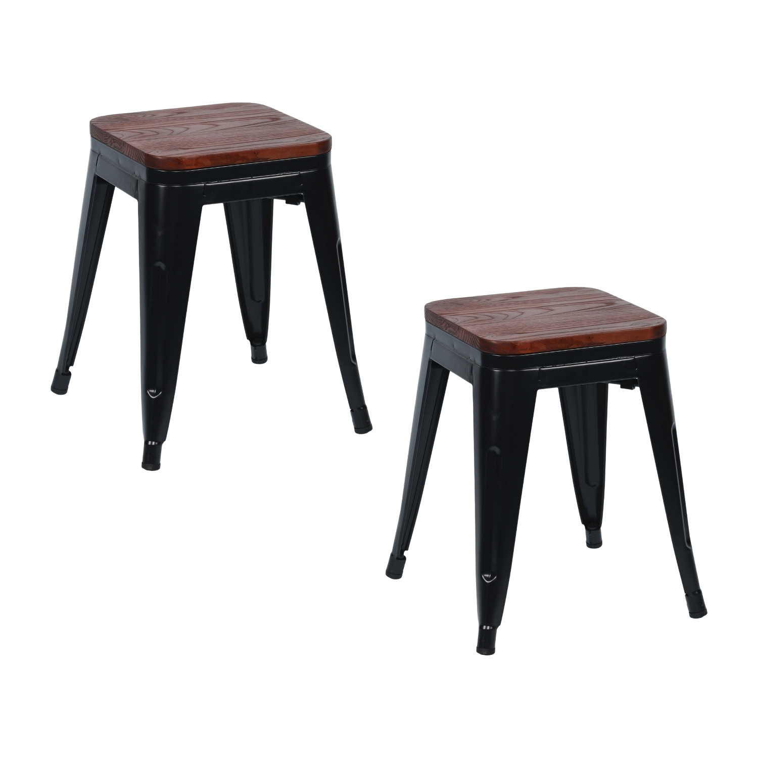 Pack 2 Taburetes Bajos Industriales Apilables de Acero y Madera 38x38x46cm Thinia Home