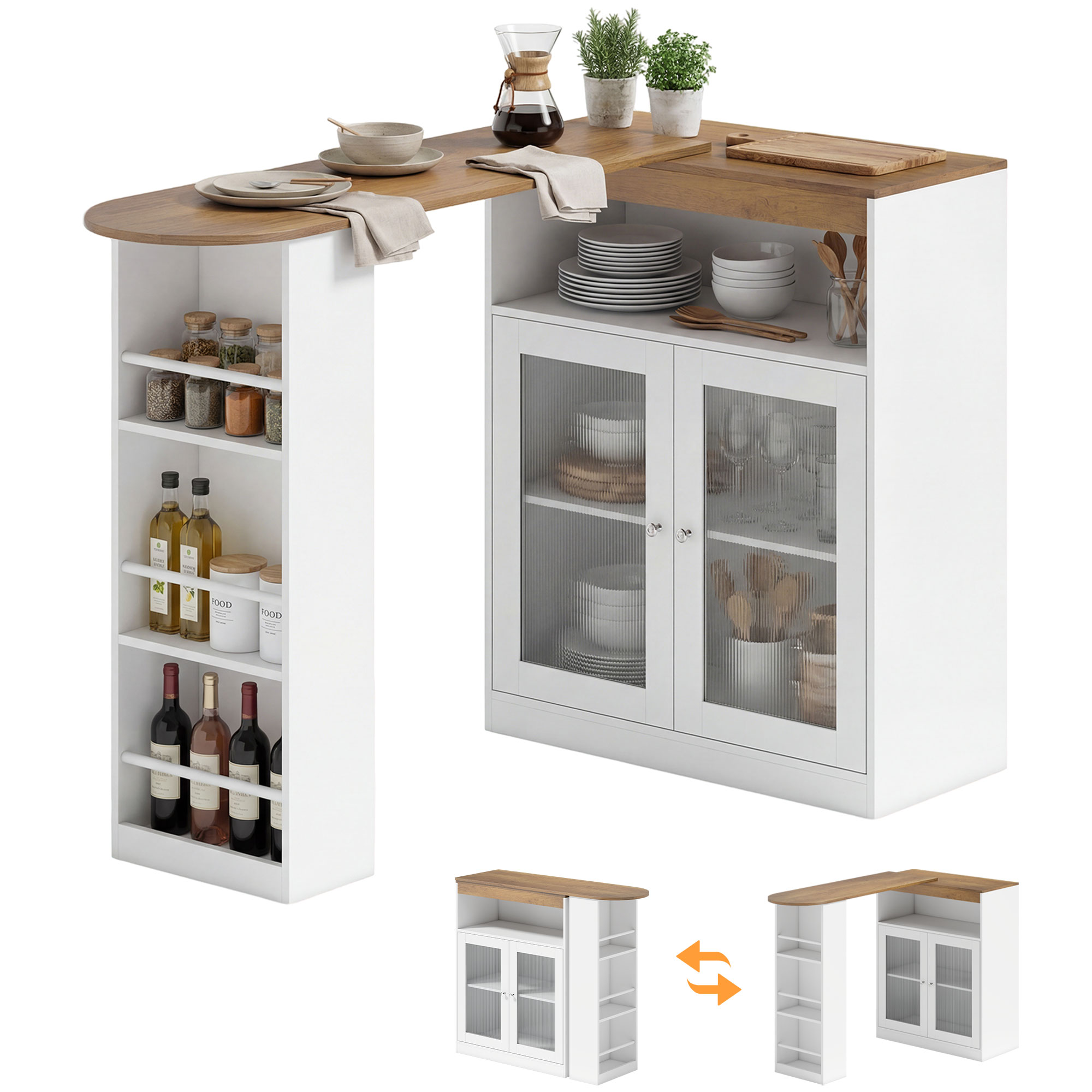 HOMCOM Mesa de Bar Extensible y Giratoria 90°, Mesa Alta Cocina con Estantes Abiertos y 2 Puertas de Vidrio para Comedor, 150x80x105,5 cm