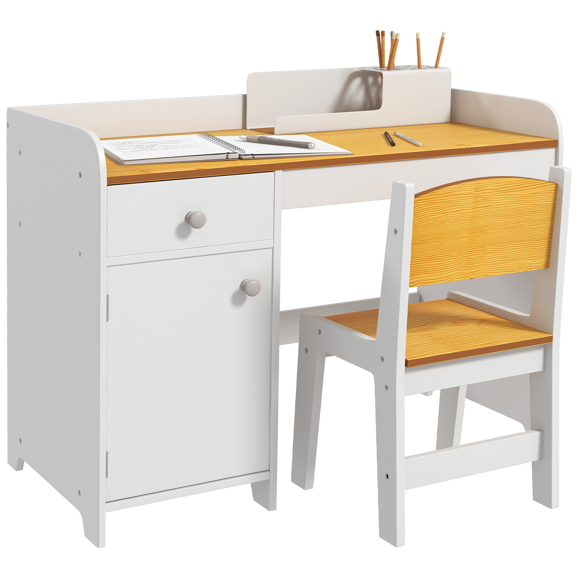 ZONEKIZ Conjunto de Escritorio de 2 Piezas Pupitre Infantil Escritorio para Niños Incluye Silla y Mesa con Cajón y Armario para Dormitorio Sala Blanco y Natural