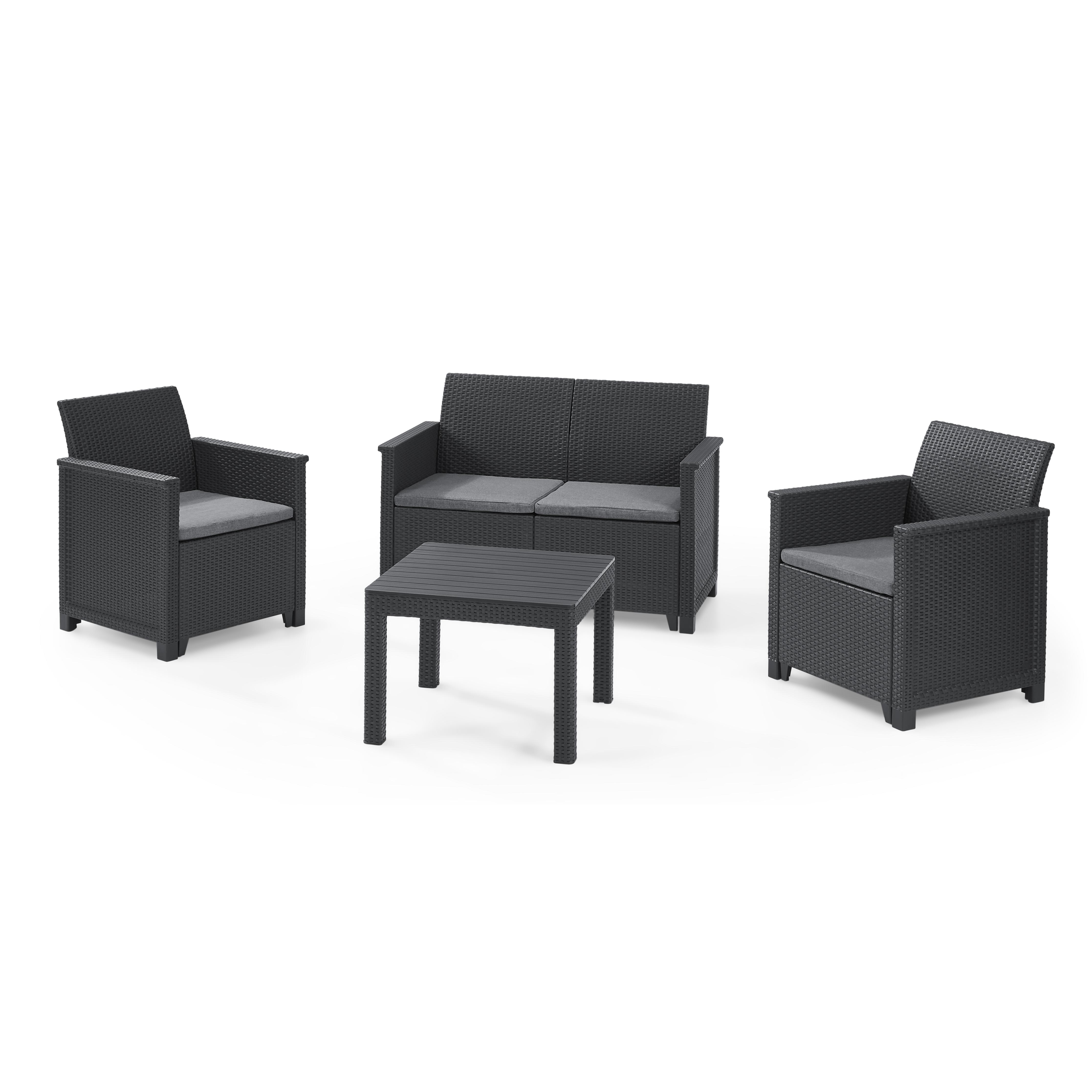 KETER Conjunto de Jardín terraza EMMA sofá + sillas sillones + mesa cojines grafito Mesa 58.5x58.5x43;  Sillas 63x65x74 ; Sofa 113x65x74 AnxPxAl cm