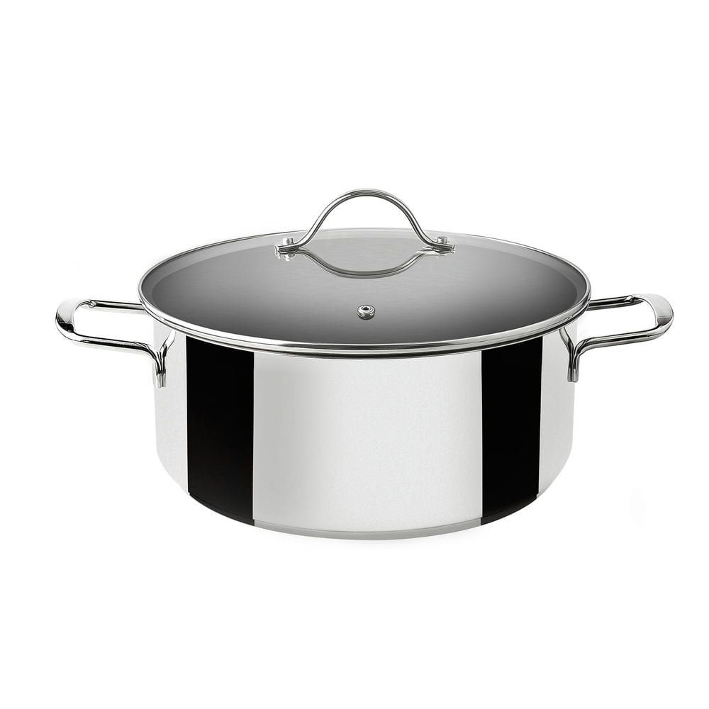 Cacerola inoxidable con tapa de cristal - Adecuada para vitrocerámica, gas, eléctrica, inducción - Interior con marcas de medición - Fácil de limpiar, se puede meter en en lavavajillas.