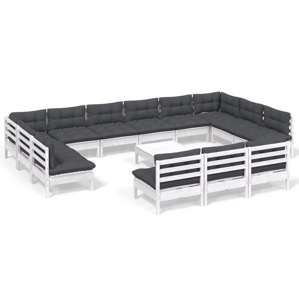 vidaXL Muebles de jardín 14 pzas y cojines blanco madera maciza pino