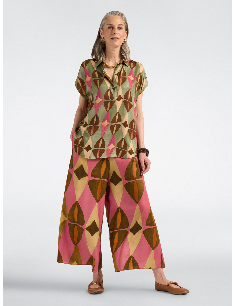 Elena Mirò - Pantalones palazzo de raso estampados