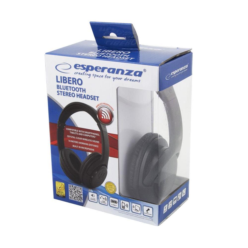 Esperanza EH163K Libero - Wireless Bluetooth Headphones, Black, Closed design with built-in mic, 10h battery life, perfect for music and calls, offering high-quality sound and a 10m range.