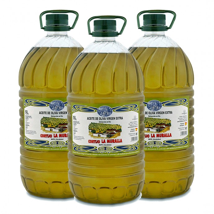 Aceite de Oliva Virgen Extra - Cortijo La Muralla - Hojiblanca - 3 Garrafas 5 Litros – Extracción en frío – Olivar Tradicional