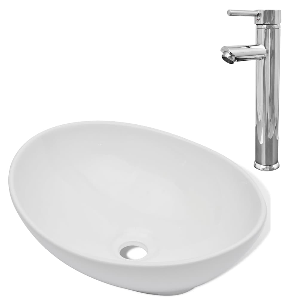 vidaXL Lavabo de Baño Ovalado con Grifo Mezclador de Cerámica Blanco Lavamanos Dimensiones 400 x 330 x 135 mm,  325 x 140 mm,  400 x 160 mm y mas
