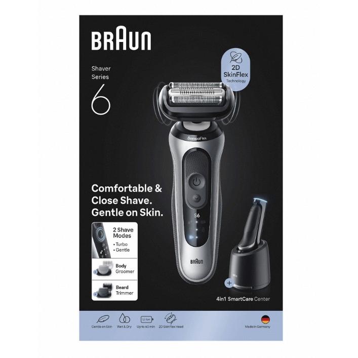 Braun Series 6 Afeitadora Eléctrica. Adaptación 2D al contorno, 2 modos de afeitado (turbo y suave), set de recortadora completo, 60 min de autonomía, en seco y mojado. Producto Europeo con Garantía Oficial.