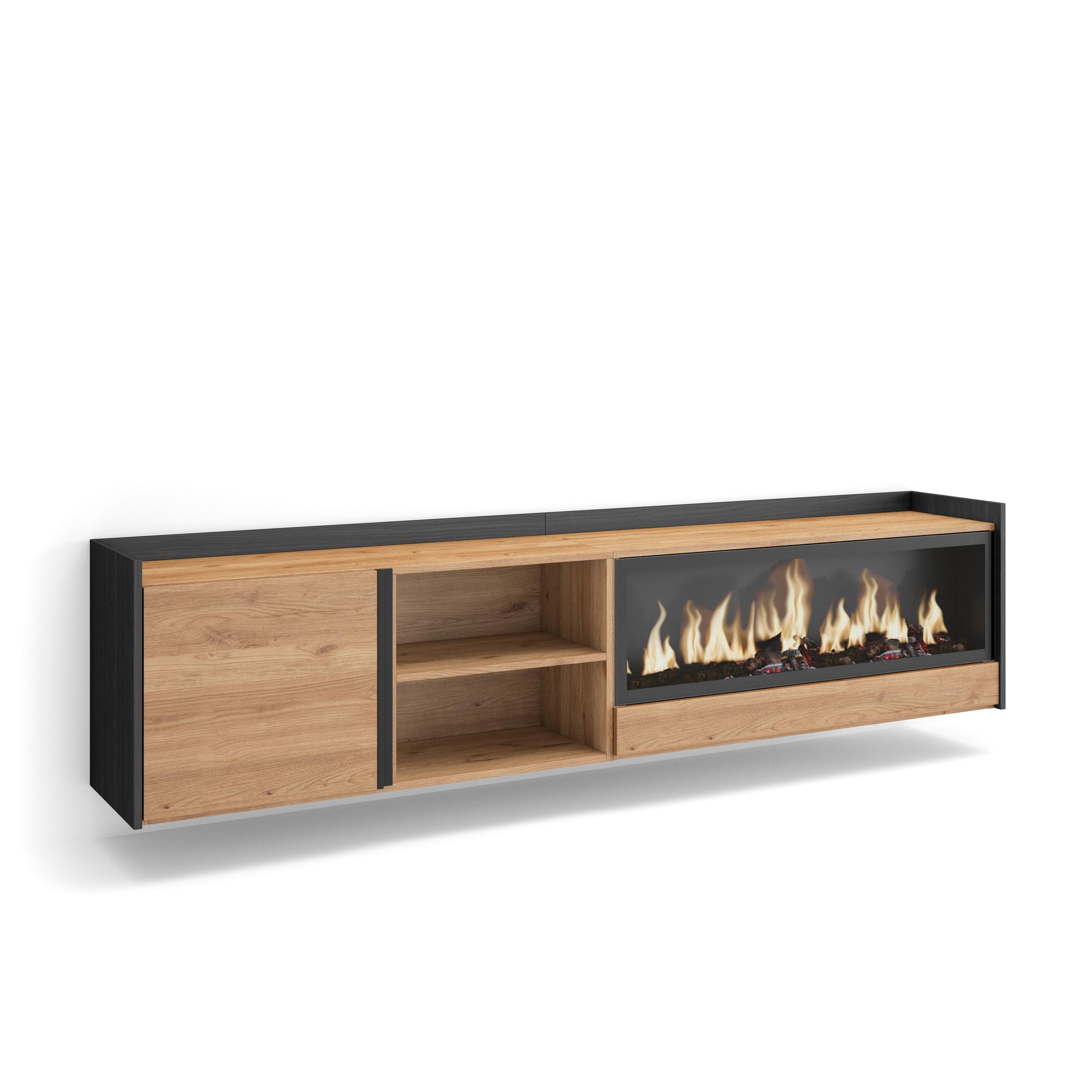 Mueble TV, Televisión, 212x35x50cm, Para TV hasta 80", Chimenea eléctrica XXL, Colgado, Suspendido