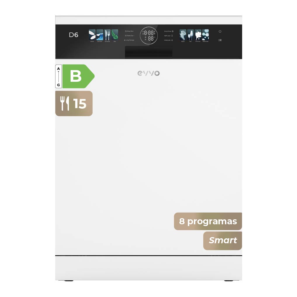 Lavavajillas EVVO D6 60cm, 15 Cubiertos, Clase B, Apertura Auto, Luz UV, Blanco, Inox y Negro