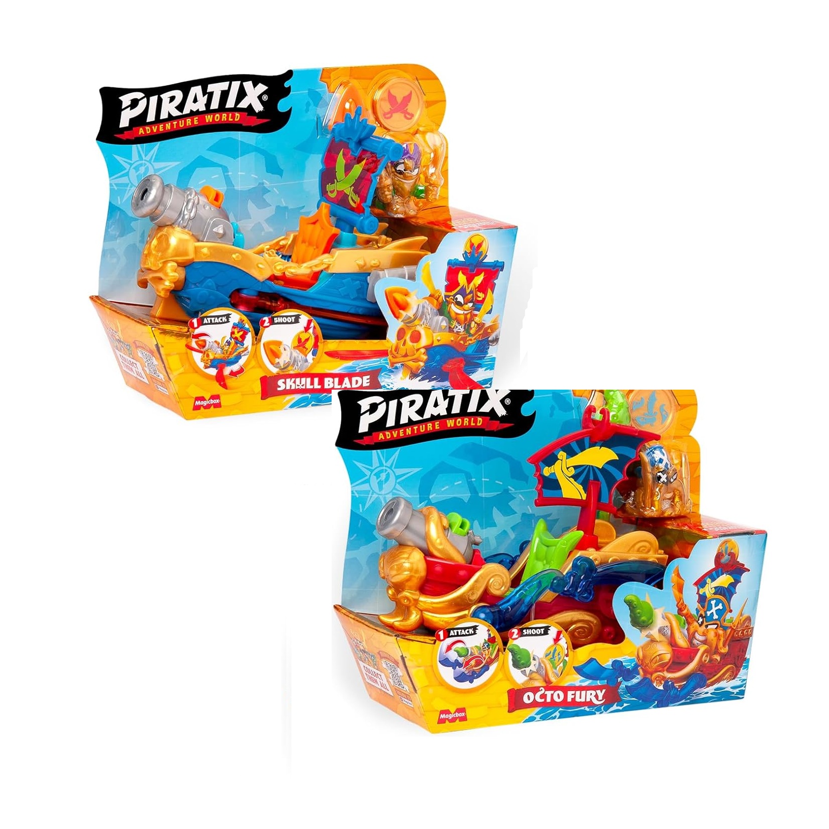 Magic Box Piratix - Pack de 2 Barcos(World Octo Fury Y Skull Blade),Pirate Ship con su capitan, tesoro exclusivo y moneda