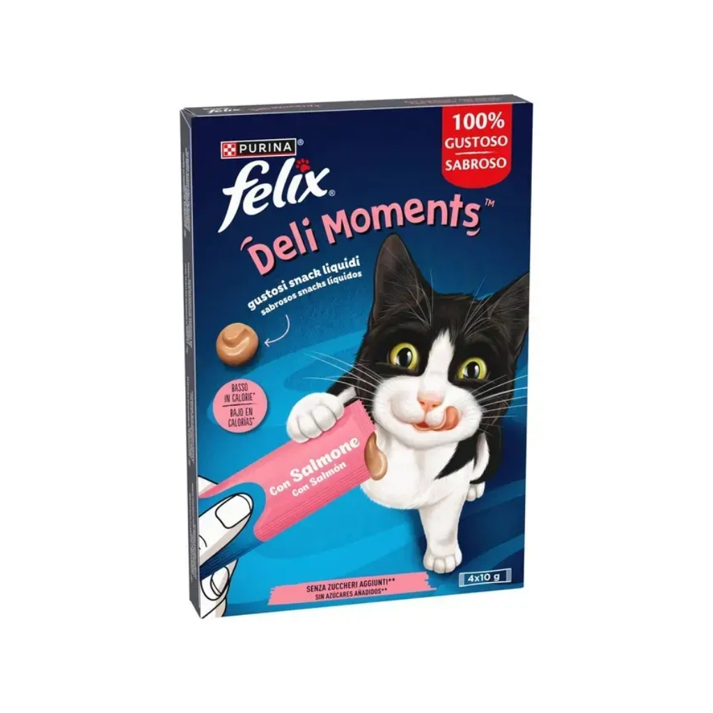 FELIX Deli Moments (4x10 gr) - Snack Líquido para Gatos Adultos (Salmón, Pato o Pollo)