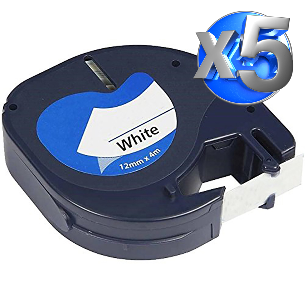 Dymo 5 Unidades LetraTag S0721510 Cinta de Etiquetas Generica para Rotuladora - Texto negro sobre fondo blanco - Ancho 12mm x 4 metros (91200)
