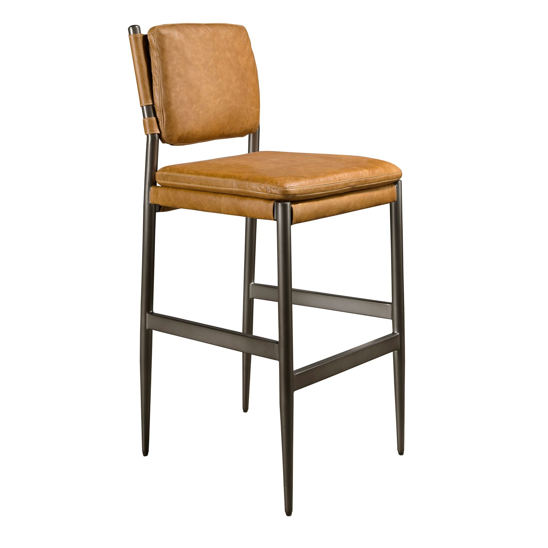 Angel Cerdá - Taburete Alto de Cocina Tapizado en Piel Marrón - Diseño Moderno con Patas de Acero Inoxidable Pulido Oscurecido - Comodidad y Estilo para Cocina o Comedor - 49 x 55 x 112 cm