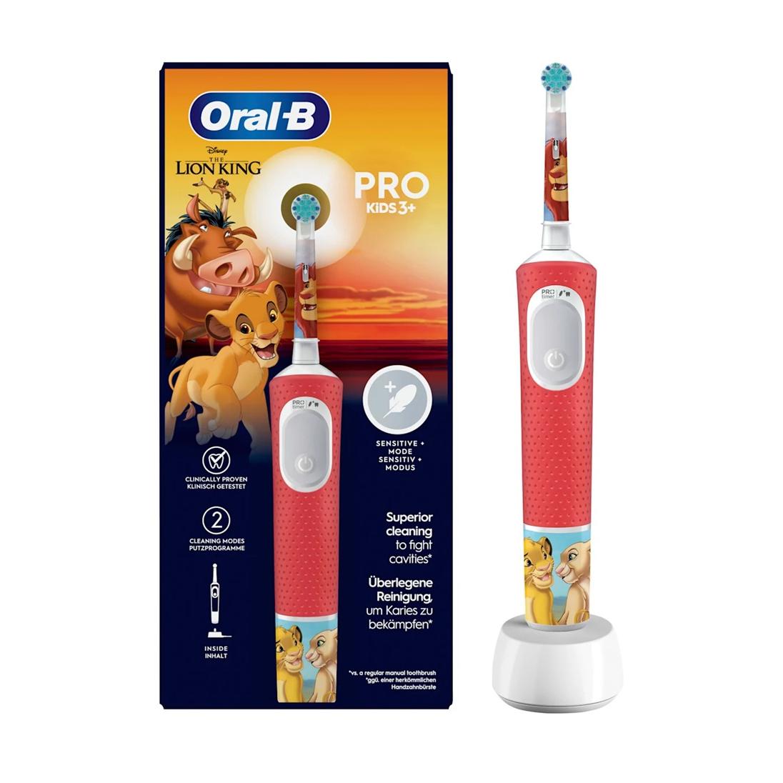 ORAL-B PRO KIDS 3+, Cepillo dental eléctrico, Vitality PRO, con Diseño Disney del Rey León, para a partir de 3 años, color Rojo