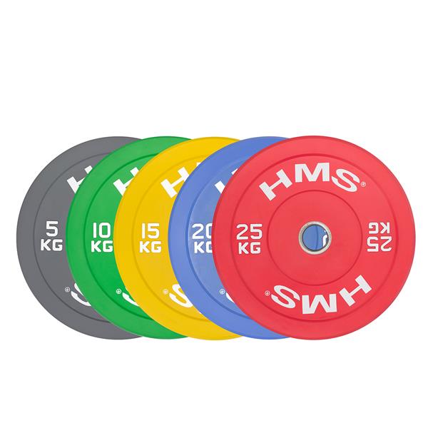 SET DISCOS BUMPER DE COLOR HI TEMP PROFESIONALES DE ACERO Y CAUCHO PREMIUM HMS CBR 100/150 KG