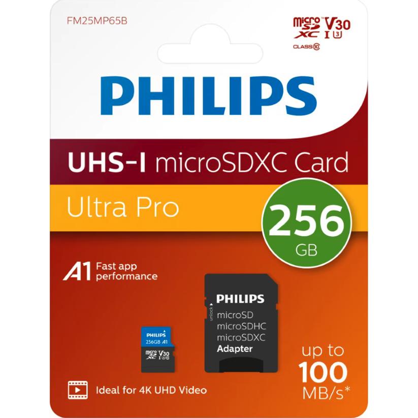 Philips - Tarjeta de memoria MicroSD 256 GB Clase 10 con velocidad de lectura hasta 100 MB/s y adaptador SD incluido