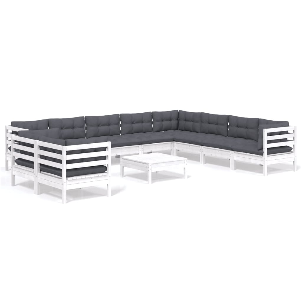 vidaXL Muebles de jardín 11 pzas y cojines blanco madera maciza pino
