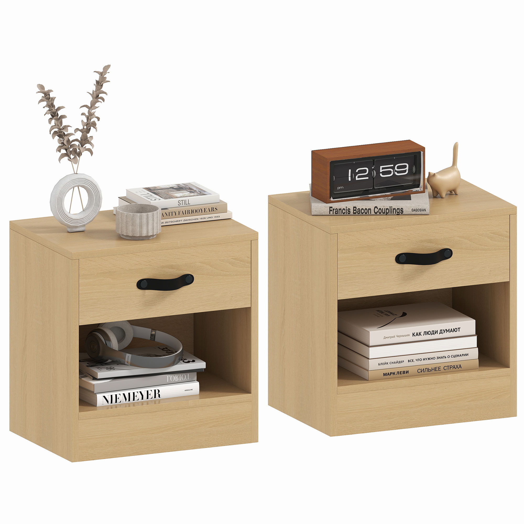 HOMCOM Pack de 2 Mesitas de Noche Mesillas de Noche Dormitorio Estrechas con Cajón y Compartimento Abierto para Salón 39x28x41 cm